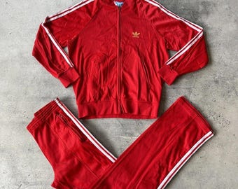Conjunto de treino Adidas ATP vermelho vintage dos anos 70/80, jaqueta e calça em nylon Ventex, tamanho M.