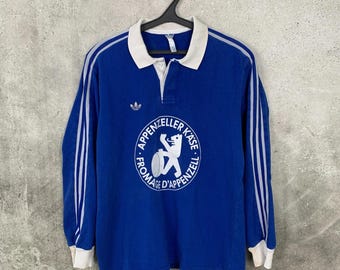 Vintage 1980-tals Adidas Template fotbollströja blå långärmad tröja storlek XL