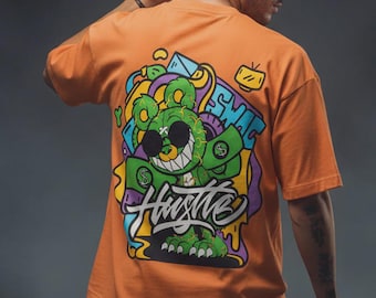 Camiseta naranja con estampado gráfico en la espalda de gran tamaño HUSTLE