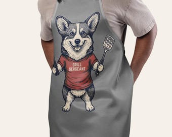 Marine Dad Gift - Grill Sergeant Corgi BBQ Apron - Funny Grilling Gift for Him