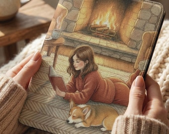 Corgi Kindle Case - Paperwhite Cover for Book Lovers - Fireplace Reading Scene