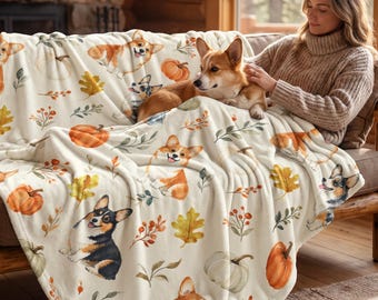Corgi Blanket - Fall Themed Fleece - Autumn Throw for Dog Lovers