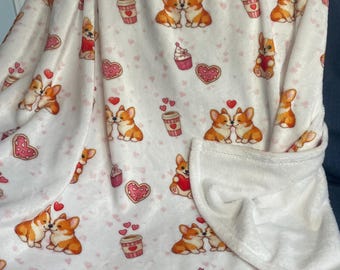 Cute Corgi Fleece Blanket | Whimsical Kawaii Dog Throw | Sweet Corgi Mom and Daughter Gift