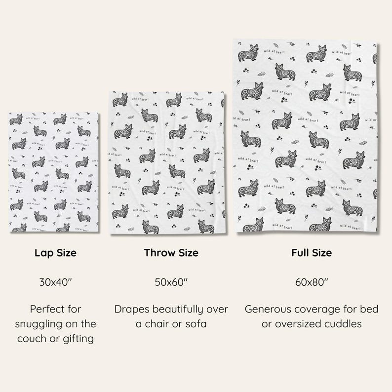 May include: White blankets with a repeating black corgi dog pattern, available in lap (30x40 inches), throw (50x60 inches), and full (60x80 inches) sizes. The blankets feature the text "wild at heart".