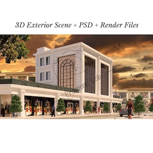 Puede incluir: Una representación digital de un edificio blanco de dos pisos con grandes ventanas y un techo plano. El edificio tiene un espacio comercial en la planta baja con gente caminando frente a él. El cielo es una mezcla de naranja y amarillo, con pájaros volando en la distancia. El texto en la imagen dice "3D Exterior Scene + PSD + Render Files."