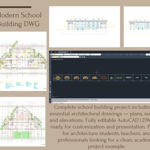 May include: A complete school building project in AutoCAD (.DWG) format. The image includes architectural drawings such as plans, sections, and elevations. The text reads "Modern School Building DWG" and describes the project as fully editable for customization and presentation.