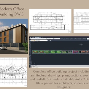 Könnte beinhalten: Präsentation eines Architekturprojekts für ein modernes Bürogebäude. Das Bild zeigt eine 3D-Darstellung, detaillierte Blaupausen und Screenshots der AutoCAD-Softwareoberfläche. Der Text auf dem Bild lautet "Modern Office Building DWG".