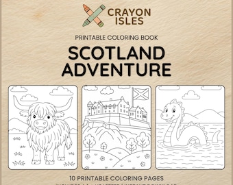 Scotland Adventure Coloring Pages | Printable Animals & Landmarks | Castles, Nessie, Highland Cow | Kids Coloring Sheets | Instant Download