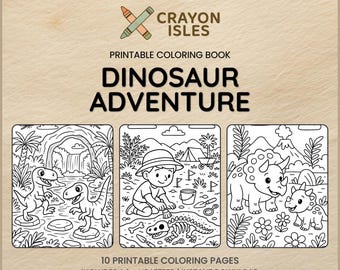 Puede incluir: Un libro para colorear imprimible titulado "Dinosaur Adventure" con tres ejemplos de páginas para colorear. Las páginas presentan dinosaurios, un niño explorando y una escena de volcán. El libro incluye 10 páginas imprimibles, descarga instantánea.