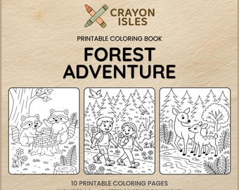 Puede incluir: Un libro para colorear imprimible titulado "Forest Adventure" con tres ilustraciones de muestra con mapaches, niños de excursión y ciervos. El libro incluye el texto "Crayon Isles" y "10 páginas para colorear imprimibles".