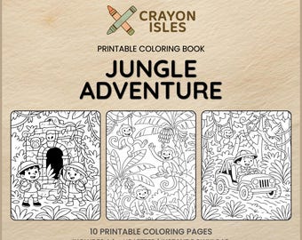 Pacote de colorir Aventura na Selva | 10 páginas para colorir para crianças | Animais da selva, casa na árvore, cachoeira e diversão no estilo safári