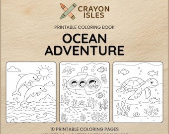 Könnte beinhalten: Ein ausdruckbares Malbuch mit dem Titel "Ocean Adventure" mit drei Illustrationen zum Thema Ozean: Delfine, ein U-Boot mit Personen und eine Meeresschildkröte. Das Buch enthält 10 Malvorlagen.