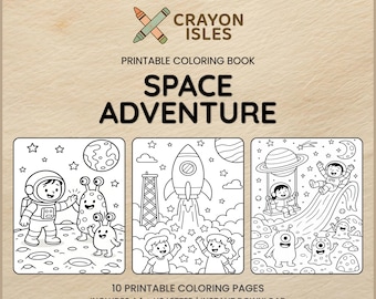 Peut inclure: Un livre de coloriage imprimable "Space Adventure" avec trois panneaux d'illustrations en noir et blanc. Les panneaux représentent des astronautes, des fusées, des planètes et des extraterrestres. Le livre comprend 10 pages à colorier imprimables.