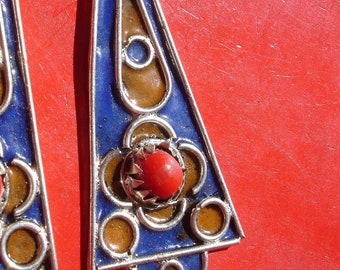 Moroccan hand made BLUE enamel pendant or earring with red jewel L60mm