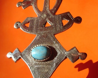 Niger Tuareg cross hand engraved TURQUOISE pendant  L12 cm