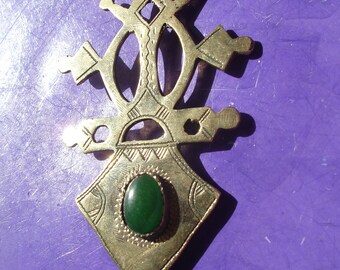 Niger Tuareg cross BRASS light gold colour hand engraved green agate pendant  L95 mm