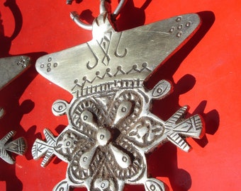 Moroccan Tuareg style tarnished chunky hand engraved fibula pendant brooch  L135 mm