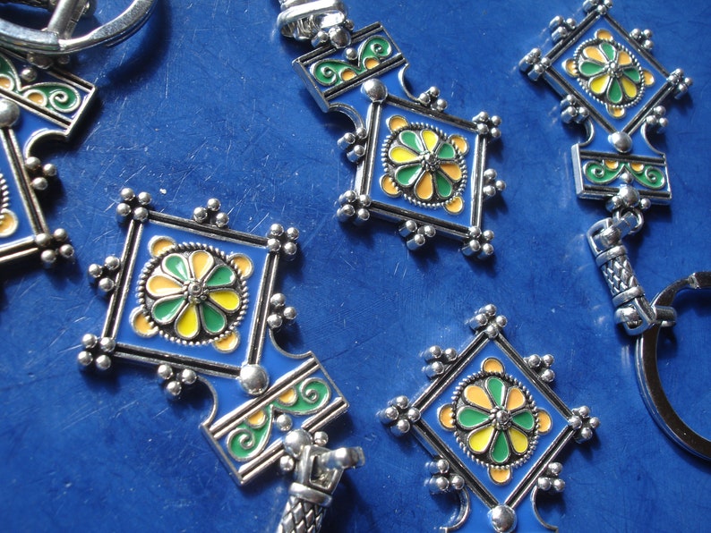 Moroccan Tuareg style cross enamel BLUE pendant or keyring L44 mm image 6