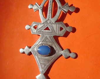 Niger Tuareg cross BLUE hand engraved agate pendant  L12 cm