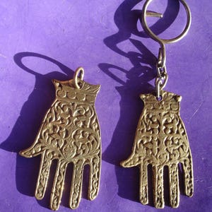 Moroccan BRASS engraved gold colour hamsa hand pendant or key ring - VARIOUS L55 mm