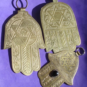 Moroccan BRASS hand engraved hamsa hand pendant with a six point star - VARIOUS