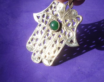 Moroccan BRASS gold colour hand engraved hamsa hand pendant with green agate jewel  L70 mm