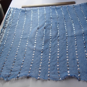 Puede incluir: Una tela azul claro con lentejuelas plateadas dispuestas en líneas verticales. La tela tiene un borde sin rematar.