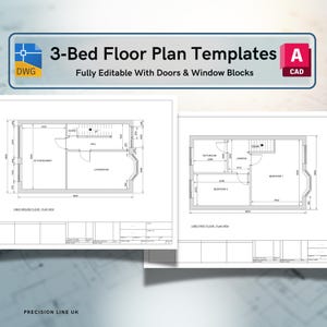 Könnte beinhalten: Ein digitales Set von 3-Zimmer-Grundrissvorlagen im CAD-Format mit vollständig bearbeitbaren Architekturzeichnungen inklusive Tür- und Fensterblöcken. Die Dokumente enthalten detaillierte Grund- und Obergeschosspläne mit metrischen Maßen.