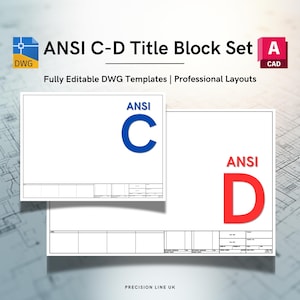 May include: An ANSI C-D Title Block Set featuring fully editable DWG templates with professional layouts. The image displays two white rectangular drafting sheets, one labeled with a blue ANSI C and the other with a red ANSI D, including text.