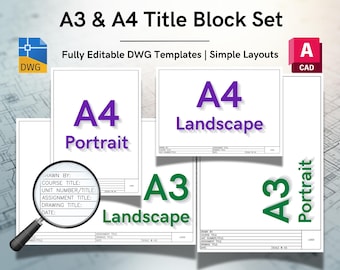 AutoCAD Title Block Template Bundle – A3/A4/Portrait/Landscape, Editable DWG (Digital Download)
