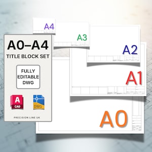 以下が含まれることがあります： A0からA4までの用紙サイズに対応したタイトルブロックセット。画像には「A0-A4 TITLE BLOCK SET」、「FULLY EDITABLE DWG」、「PRECISION LINE UK」というテキストと、CADおよびDWGソフトウェア形式のアイコンが白い背景に表示されています。