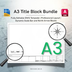 A3 AutoCAD-titelblokkenbundel met dynamische noordpijl en schaalblok DWG (digitale download)
