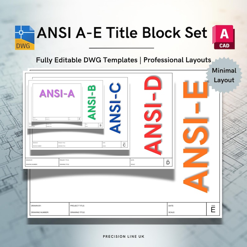 AutoCAD ANSI A-E Minimal Layout Title Block Templates - US Inches - Editable DWG (Digital Download) image 1