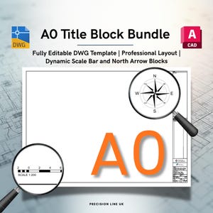 A0 AutoCAD Title Block Bundle with Dynamic North Arrow & Scale Block DWG (Digital Download)