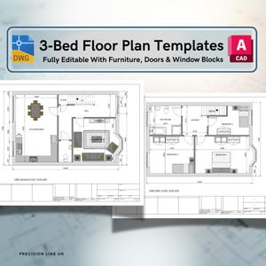 Könnte beinhalten: Ein digitales Set von 3-Zimmer-Grundrissvorlagen in DWG- und CAD-Formaten. Das Dokument enthält detaillierte architektonische Entwürfe für ein Erdgeschoss und ein Obergeschoss, einschließlich Möbeln, Türen und Fensterblöcken mit genauen Maßen.