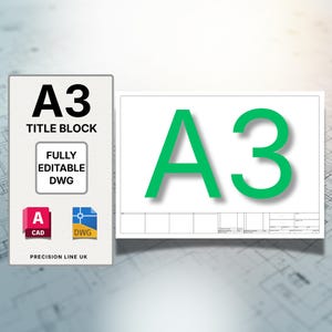 May include: A digital A3 title block template featuring the text A3 TITLE BLOCK, FULLY EDITABLE DWG, and PRECISION LINE UK. The graphic includes icons for CAD and DWG files, alongside a large green A3 label on a white technical drawing sheet.