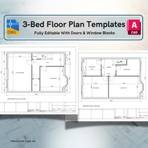 Könnte beinhalten: Ein digitales Grundriss-Vorlagenset für ein Haus mit 3 Schlafzimmern, bestehend aus schwarz-weißen Architekturzeichnungen des Erd- und Obergeschosses mit beschrifteten Räumen, Maßen, Türen und Fensterblöcken, betitelt 3-Bed Floor Plan Templates.