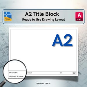 Puede incluir: Una plantilla de diseño de dibujo A2 blanca con una etiqueta A2 azul, un bloque de título con campos para el título del proyecto, título del dibujo, fecha y escala, y una lupa que resalta las secciones dibujado por y número de dibujo.