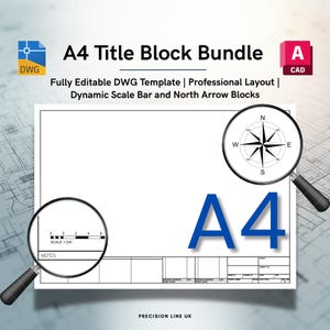A4 AutoCAD-titelblokbundel met dynamische noordpijl en schaalblok dwg (digitale download)