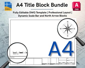 A4 AutoCAD Title Block Bundle with Dynamic North Arrow & Scale Block DWG (Digital Download)