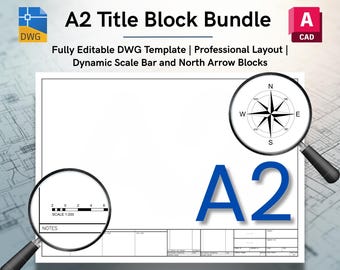 A2 AutoCAD Title Block Bundle with Dynamic North Arrow & Scale Block DWG (Digital Download)