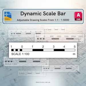 以下が含まれることがあります： 「Dynamic Scale Bar」というタイトルのデジタルグラフィックで、「Adjustable Drawing Scales From 1:1 - 1:5000」というテキストが表示されています。建築図面用の複数の白黒の線形スケールバーが示されており、SCALE 1:100、1:200、1:500、1:1000などのラベルが付いています。