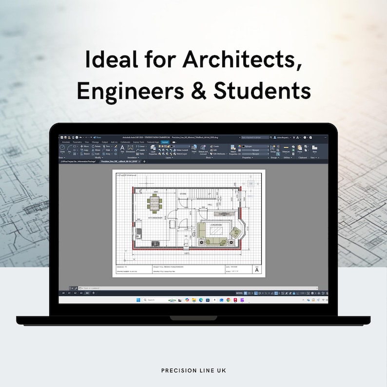 May include: A black laptop displays a detailed architectural floor plan with furniture layouts. The screen shows a grid background with a red border. Text on the screen reads "Ideal for Architects, Engineers & Students." The bottom of the image has the text "PRECISION LINE UK."