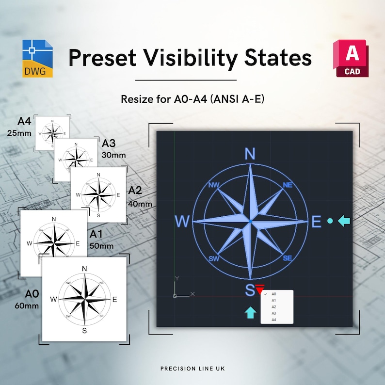 Autocad Dynamic Compass Rose North Arrow Block | DWG File (digital ...