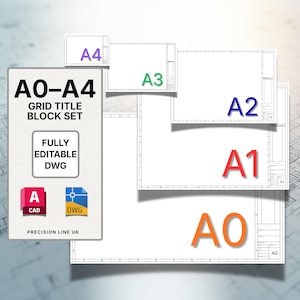 May include: A digital set of A0 to A4 grid title blocks featuring editable DWG files. The graphic displays labels for A0, A1, A2, A3, and A4 sizes with CAD and DWG icons. Text includes A0-A4 GRID TITLE BLOCK SET, FULLY EDITABLE DWG, and PRECISION LINE UK.