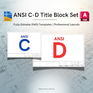 Könnte beinhalten: Grafik mit "ANSI C-D Title Block Set" mit "DWG"- und "CAD"-Symbolen. Das Bild zeigt zwei Titelblockvorlagen, eine mit einem blauen "C" und die andere mit einem roten "D". Der Text lautet "Fully Editable DWG Templates | Professional Layouts".