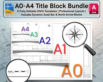 AutoCAD Title Block Bundle: A0-A4 ISO DWG with Dynamic North Arrow & Scale (Digital Download)