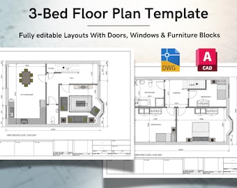 AutoCAD 3-Bed House Floor Plans – Ground & First Furnished Templates (Fully Editable DWG)