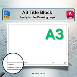 May include: A digital A3 title block drawing layout featuring a white rectangular border with the text A3 in green. A magnifying glass highlights the bottom corner with fields for Drawn By and Drawing Number. The header includes A3 Title Block Ready to Use Drawing Layout and CAD icons.