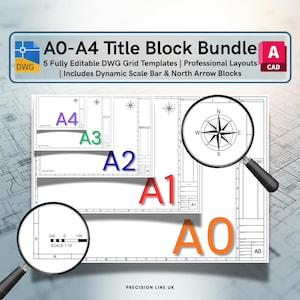 May include: A digital bundle of five editable DWG title block templates ranging from A0 to A4 sizes. The graphic displays professional layouts, a dynamic scale bar, and a north arrow block, with magnifying glasses highlighting specific technical details.